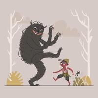 A Childs Adventure. Confronting a Friendly Monster in a Whimsical Forest Scene. vector
