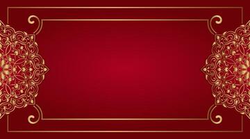 red background with gold frame and mandala ornaments vector