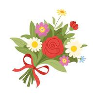 Hand drawn bright flower bouquet. composition with red rose and wild flowers, tied with ribbon. Decorative botanical element for tender cards, packaging, eco and rustic design projects isolated vector