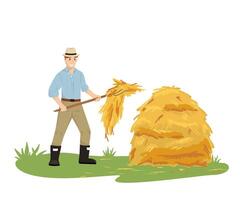 A farmer man in a hat holding a pitchfork collects hay in a stack. Agricultural work. illustration in a flat style. vector