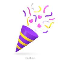 3d Party Poppers With Flying Confetti, Serpentine, Ribbon, Hearts. Firecracker Explodes With Ribbon For Surprise, Birthday Party, Anniversary. Render Illustration In Plasticine Cartoon Style. vector