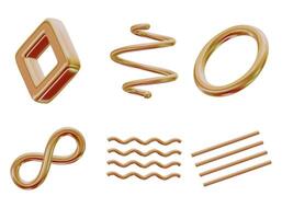 3D realistic render gold figures. Yellow metallic design objects. decorative geometric shapes. Spiral, wavy lines, ring, torus, infinity symbol. Isolated on a white background vector