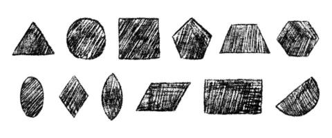 Geometric shapes hand drawn with black pencil. Crayon brush texture. Circle, triangle, square, trapezoid, rhombus and other. illustration isolated on a white background. vector