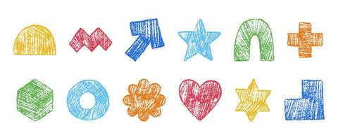 Simple geometric shapes drawn with colored pencil. Collection of abstract figures with grunge texture. Arrow, heart, flower, hexagon, cross and other. Hand drawn illustration vector