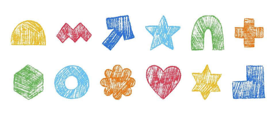 Simple geometric shapes drawn with colored pencil. Collection of abstract figures with grunge texture. Arrow, heart, flower, hexagon, cross and other. Hand drawn illustration