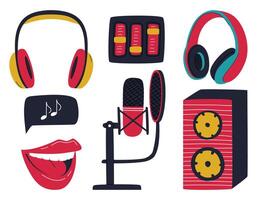 A set of design elements of a podcasting, musical, recording equipment. Over-ear headphones, a loudspeaker, a microphone on a stand with pop filter. Color flat illustrations isolated on white vector