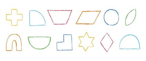 Colored pencil outline figures. Set of hand drawn crayon abstract geometric shapes in sketch style. Pastel grunge texture. Wax pencil illustration isolated on white background vector