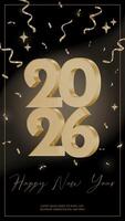 Happy new year 2026. Vertical greeting card. 3D Festive design with golden numbers on a background of black fabric. Luxury design for Christmas and New Year greeting cards vector