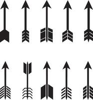 A collection of various black arrow designs with distinct fletching and arrowhead styles vector