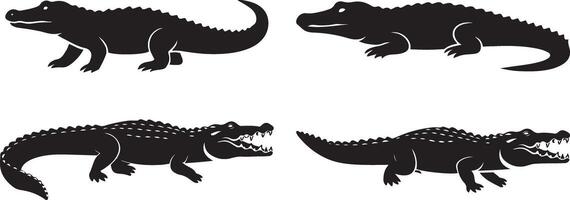 A collection of black crocodile silhouettes in various poses, showcasing different angles and open jaws, isolated on a white background vector