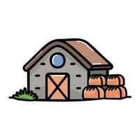 A simple barn structure with a brown roof and a round window. Hay bales are stacked beside the barn. Green grass is visible in the foreground. vector