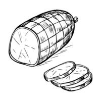 A sliced meat loaf with a grid pattern on the surface. Three slices are arranged beside the loaf, showcasing the texture and color of the meat. vector