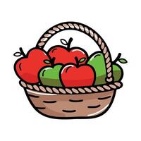 A woven basket filled with red and green apples. The apples are fresh and shiny, showcasing their vibrant colors. The basket has a sturdy handle. vector