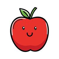A cute, smiling red apple with a green leaf. The apple has cartoonish features, including large eyes and a cheerful expression. It is simple and colorful. vector