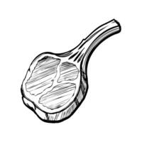 A hand-drawn illustration of a lamb chop with a bone. The meat is marbled and has visible grill marks, showcasing its texture and shape. vector