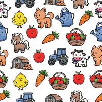 A colorful pattern featuring cartoon farm animals and objects. Includes a dog, cow, horse, chick, tractor, watering can, apples, carrots, and baskets of vegetables. vector