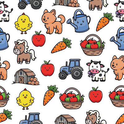 A colorful pattern featuring cartoon farm animals and objects. Includes a dog, cow, horse, chick, tractor, watering can, apples, carrots, and baskets of vegetables.