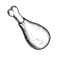 A hand-drawn illustration of a chicken drumstick. The meat is depicted with a bone at one end, showcasing its shape and texture. vector