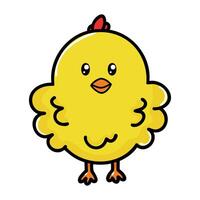 A cute, cartoon-style yellow chick with a round body, small beak, and tiny feet. The chick has a red comb on its head and a cheerful expression. vector