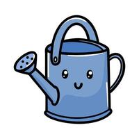 A cute blue watering can with a smiling face. The can has a long spout and a handle, designed for gardening and plant care. vector