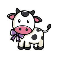 A cute cartoon cow with black spots and a pink nose. It has a purple bow around its neck and a cheerful expression. The background is simple and colorful. vector