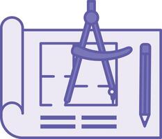 Colored Blueprint Icon. Illustration. Graphic Design Document with Image of Engineering Object. Paper with Drawing, Compass, and Pencil vector