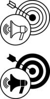 Advertisement Icons. Black and White Illustrations. Megaphone and Target with Arrow. Communication to Attract the Attention of the Target Audience to the Promotion Object. Influencer Concept vector