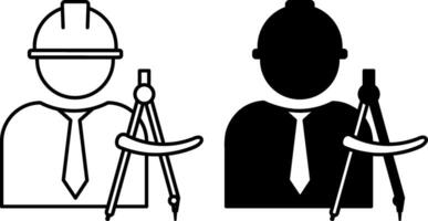 Architect Icons. Black and White Illustrations. Man in Helmet and Compass. Specialist Engaged in Designing and Creating Buildings. Engineering Concept vector