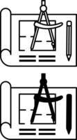 Blueprint Icons. Black and White Illustration. Graphic Design Document with Image of Engineering Object. Paper with Drawing, Compass, and Pencil vector
