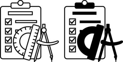 Planning Icons. Black and White Illustration. Document with Completed Items, Ruler, and Compass. Engineering Concept vector