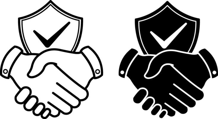 Trust Icons. Black and White Illustrations. Handshake and Shield. Faith in Honesty, Decency, and Good Intentions of Another Person. Influencer Concept