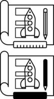 Prototyping Icons. Black and White Illustration. Paper with Rocket Drawing, Pencil, and Ruler. Creating a Mockup or Model of the Product for Further Development. Concept Engineering vector