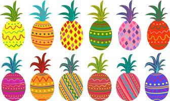 bright abstract pineapple set in colorful summer style, isolated elements for tropical decoration, modern fruit pattern, vacation or party design vector