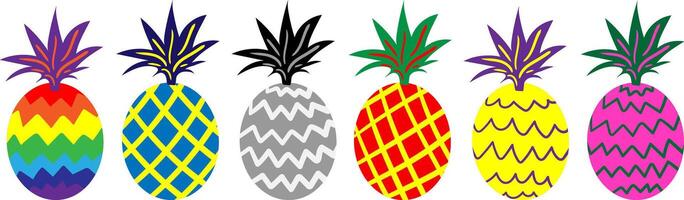 bright pop art pineapple collection, simple flat icons in vibrant colors, isolated tropical fruit set for web design, posters, patterns, summer decor vector