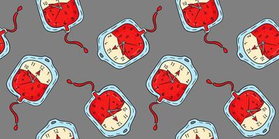 Seamless pattern time blood donation concept clock medical abstract background donor day gray hand drawn save life design art healthcare vector