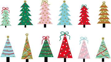 isolated set of christmas new year trees art minimalist style abstract with bows stars holiday elements vector