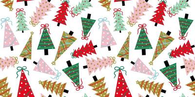 art pattern for christmas new year decor minimalist trees with bows pink green red gold colors abstract white isolated background vector