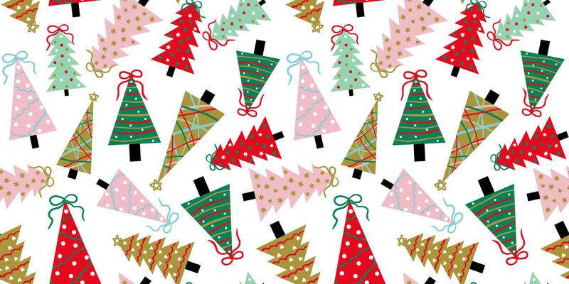 art pattern for christmas new year decor minimalist trees with bows pink green red gold colors abstract white isolated background