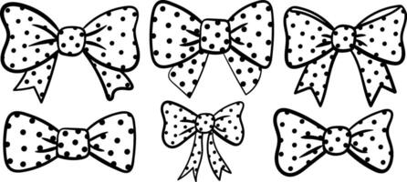 black outline polka dot bows element set isolated on white background drawing doodle illustration for coloring book vector