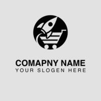 A dynamic logo featuring a rocket launching from a shopping cart, symbolizing fast delivery and innovative e-commerce solutions, ideal for a modern online business vector
