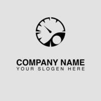 Black speedometer logo with company name and slogan on a gray background, featuring a circular gauge with a needle and a stylized design element vector