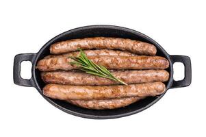 Delicious grilled sausage served with fresh herbs, a mouthwatering addition to any picnic or backyard party. isolated on white background. top view photo
