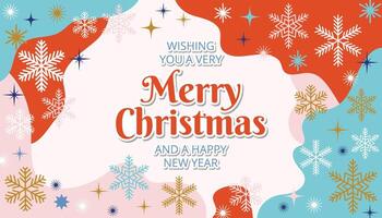 Christmas greeting card with a playful frame of colorful blob shapes, snowflakes, and stars in flat cartoon style. A cheerful winter design perfect for festive messages and holiday joy. vector