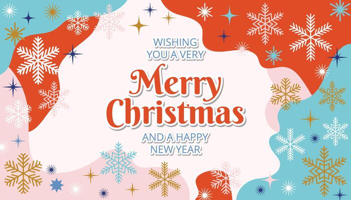 Christmas greeting card with a playful frame of colorful blob shapes, snowflakes, and stars in flat cartoon style. A cheerful winter design perfect for festive messages and holiday joy.