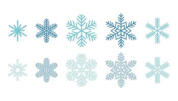 Collection of different snowflakes in filled and outline styles, drawn in flat cartoon design. A festive, wintry set perfect for Christmas decoration, cards, patterns, or seasonal graphic projects. vector