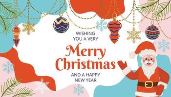 Festive Christmas greeting card in flat cartoon style with abstract blob shapes, snowflakes, tree toys, and cheerful Santa Claus. Bright and playful design perfect for holiday greetings and joy. vector