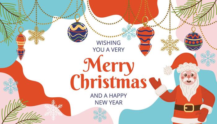 Festive Christmas greeting card in flat cartoon style with abstract blob shapes, snowflakes, tree toys, and cheerful Santa Claus. Bright and playful design perfect for holiday greetings and joy.