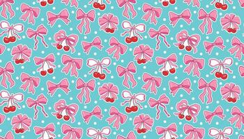 Charming seamless pattern with cherry and bow motifs in red and pink, scattered with dots on a light blue background. Coquette aesthetic with soft retro elegance in hand drawn illustration style. vector