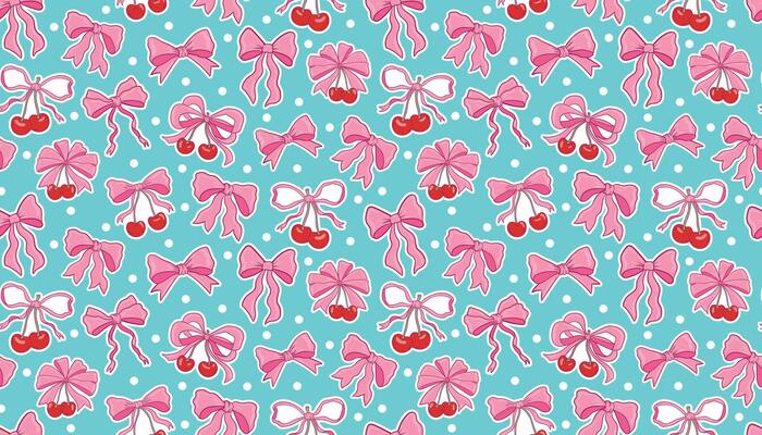 Charming seamless pattern with cherry and bow motifs in red and pink, scattered with dots on a light blue background. Coquette aesthetic with soft retro elegance in hand drawn illustration style.