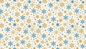 Seamless pattern with various snowflakes and twinkling stars in flat cartoon style. A festive and cozy winter design perfect for Christmas wrapping, backgrounds, and seasonal projects. vector